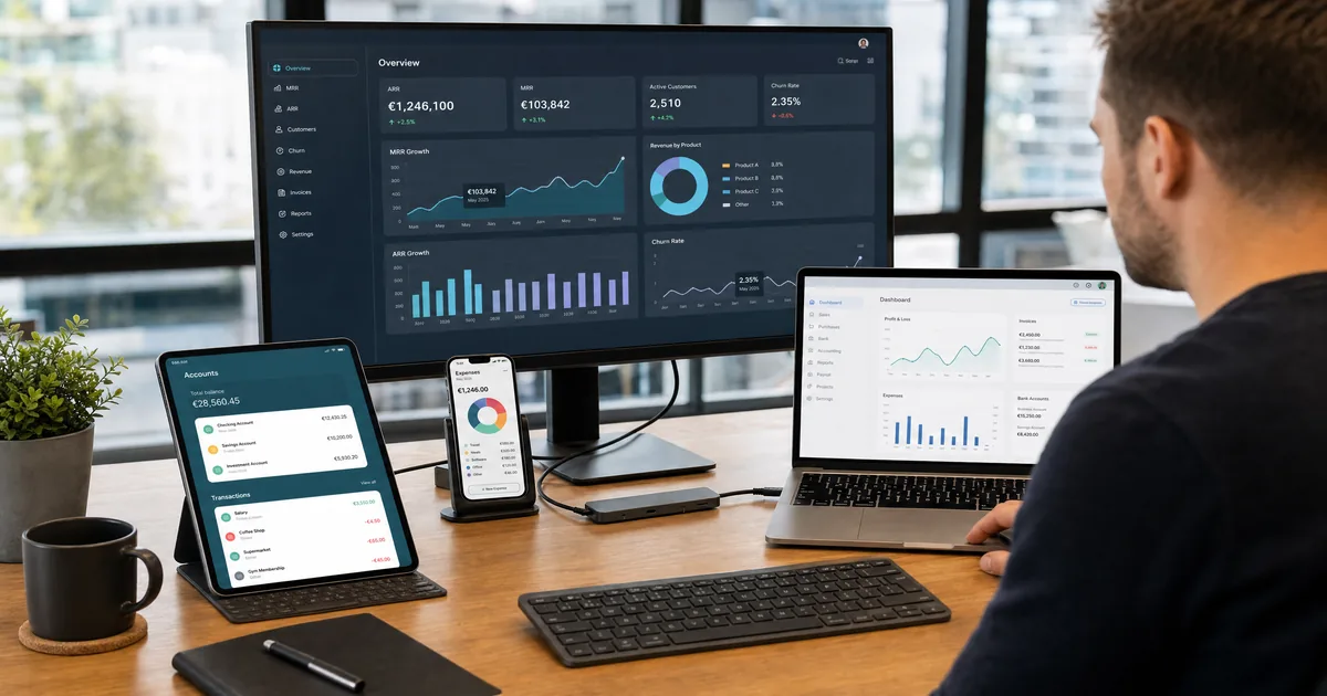 Illustration éditoriale : Stack financier idéal pour une SaaS en Series A — Pennylane, Agicap, Spendesk, PayFit