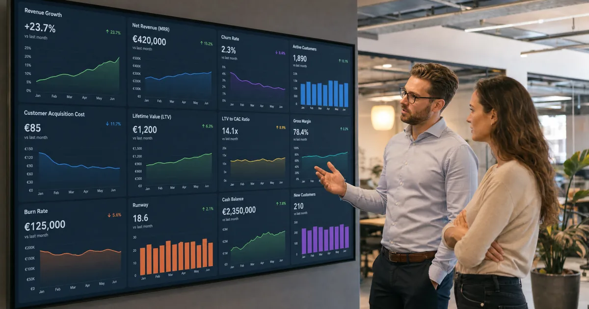 Illustration éditoriale : Tableau de bord financier startup — les 12 KPIs essentiels à suivre